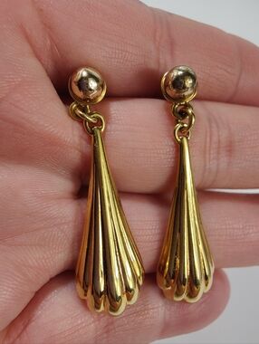 Kenneth Jay Lane Gold Tone Fluted Ear Jacket Drop Earrings w/ Lou Lou Ball Studs